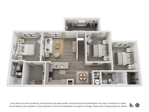 Floor plan for 3 beds, 2 baths, 1385 sqft
